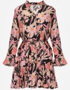 bisou's project Rochie Czarno-Roz din Viscoză Cloș cu Imprimeu Floral cu Cordon Sinthea