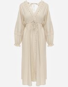 bisou's project Rochie din bumbac bej cu accente din dantelă cu talie elastică și curea din material textil Jariena
