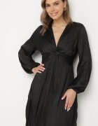 bisou's project Rochie Evazată Neagră Plisată cu Volane și Decolteu în V Aladwen