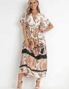 bisou's project Rochie Maxi Crem-Neagră cu Decolteu Petrecut și Elastic în Talie cu Imprimeu Oriental Sierrina