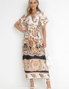 bisou's project Rochie Maxi Crem-Neagră cu Decolteu Petrecut și Elastic în Talie cu Imprimeu Oriental Sierrina