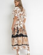 bisou's project Rochie Maxi Crem-Neagră cu Decolteu Petrecut și Elastic în Talie cu Imprimeu Oriental Sierrina