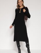 bisou's project Rochie Neagră Mulată din Tricot striat cu Vâscoză cu Aplicații Tusmana