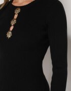 bisou's project Rochie Neagră Mulată din Tricot striat cu Vâscoză cu Aplicații Tusmana