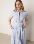 bisou's project Rochie Taliată Albastră din Bumbac în Stil Cămașă cu Imitație de Buzunare Masefia