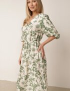 bisou's project Rochie Verde-Albă Evazată din Viscoză Finisată cu Mâneci Bufante Maranea