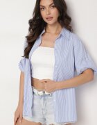 bludeise Cămașă clasică albastră deschisă din bumbac cu dungi subțiri cu mânecă 3/4 Liantarra