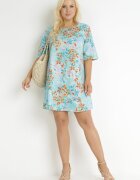 bludeise Rochie Albastră Deschisă Trapezoidală Mini din Vâscoză cu Flori Donnia