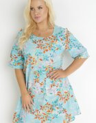 bludeise Rochie Albastră Deschisă Trapezoidală Mini din Vâscoză cu Flori Donnia