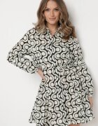 bludeise Rochie Mini Bej și Neagră din bumbac cu model geometric Frenia