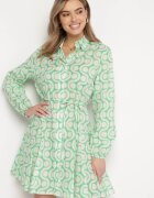 bludeise Rochie Mini de Bumbac Verde-Bej cu Imprimeu Geometric Frenia