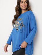  Bluză Albastră Din Bumbac cu Imprimeu Decorativ și Zirconii Neriela