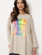  Bluză Bej Oversize din Bumbac cu Imprimeu Colorat și Sclipici Tailine