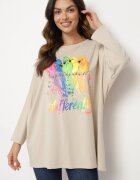  Bluză Bej Oversize din Bumbac cu Imprimeu Colorat și Sclipici Tailine