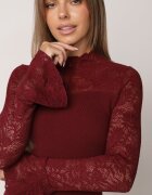  Bluză din tricot cu vâscoză decorată cu mâneci din dantelă și guler înalt Lushra Bordo