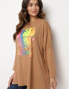  Bluză Maro Oversize din Bumbac cu Imprimeu Colorat și Sclipici Tailine