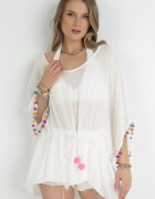  Bluză Suprapusă Albă Oversize cu Bordură elastică și Pompoane Bronnan