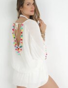  Bluză Suprapusă Albă Oversize cu Bordură elastică și Pompoane Bronnan