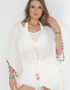  Bluză Suprapusă Albă Oversize cu Bordură elastică și Pompoane Bronnan