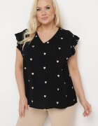  Bluzka Top Neagră cu Volane La Umeri cu Model Inimioare Salixia