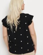  Bluzka Top Neagră cu Volane La Umeri cu Model Inimioare Salixia