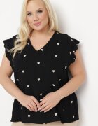  Bluzka Top Neagră cu Volane La Umeri cu Model Inimioare Salixia