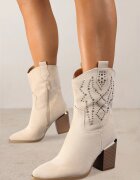  Botine Bej Cowboy cu toc decorate cu strasuri Irinalie