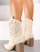  Botine Bej Cowboy cu toc decorate cu strasuri Irinalie