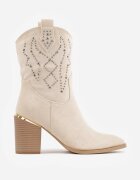  Botine Bej Cowboy cu toc decorate cu strasuri Irinalie