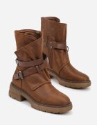  Botine Bej închis cu talpă plată cu carâmb asimetric decorate cu curele cu catarame Felzina