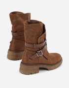  Botine Bej închis cu talpă plată cu carâmb asimetric decorate cu curele cu catarame Felzina