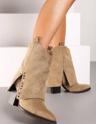  Botine Bej închis cu toc conic cu manșetă întoarsă decorate cu zirconii Moveiana