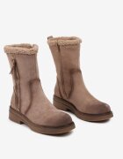  Botine Bej închis din imitație de piele întoarsă cu talpă plată decorate cu blană și cu fermoar Nevindria