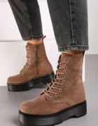  Botine Bej închis pe Platformă stil Worker din imitație de Velur Justinata