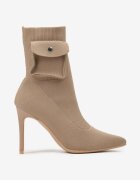  Botine Bej Închis pe Toc Stiletto cu Carâmb Tip Șosetă și Buzunar Decorativ Nelienor