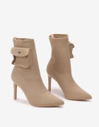  Botine Bej Închis pe Toc Stiletto cu Carâmb Tip Șosetă și Buzunar Decorativ Nelienor