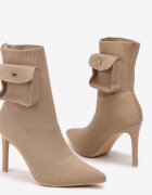  Botine Bej Închis pe Toc Stiletto cu Carâmb Tip Șosetă și Buzunar Decorativ Nelienor