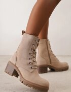  Botine Bej Stil Worker cu Toc Decorate cu Șireturi Timette