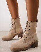  Botine Bej Stil Worker cu Toc Decorate cu Șireturi Timette