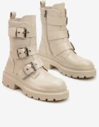  Botine Bej Tip Biker cu Talpă Plată Decorate cu Catarame Zindria