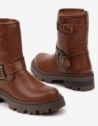 Botine Biker Maro deschis cu Talpă Groasă Embosată Decorate cu Catarame Ravalissae