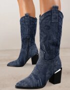  Botine Cowboy Bleumarin cu Toc și Broderie Laora