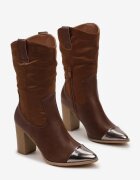  Botine maro cowboy cu toc gros și vârf decorativ Aretasia
