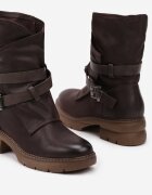  Botine maro cu talpă plată cu carâmb asimetric împodobite cu barete cu catarame Felzina