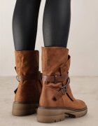  Botine Maro cu Talpă Plată cu Gambă Asimetrică Decorată cu Curele cu Catarame Felzina
