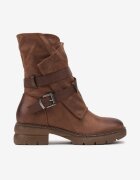  Botine Maro cu Talpă Plată cu Gambă Asimetrică Decorată cu Curele cu Catarame Felzina
