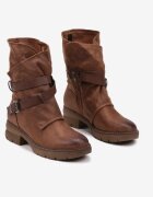  Botine Maro cu Talpă Plată cu Gambă Asimetrică Decorată cu Curele cu Catarame Felzina