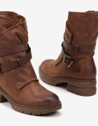  Botine Maro cu Talpă Plată cu Gambă Asimetrică Decorată cu Curele cu Catarame Felzina