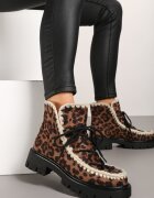  Botine Maro din imitație de piele întoarsă cu șireturi suplimentare decorate cu detalii brodate și cu model leopard Iveledi