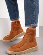  Botine Maro pe Pană Joasă din Imitație de Velur cu Carâmb Tip Șosetă Zinithia